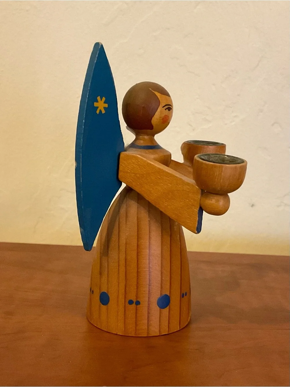 Wooden Erzgebirge Expertic Angel Candle Holder Blue Stars on Wings GDR